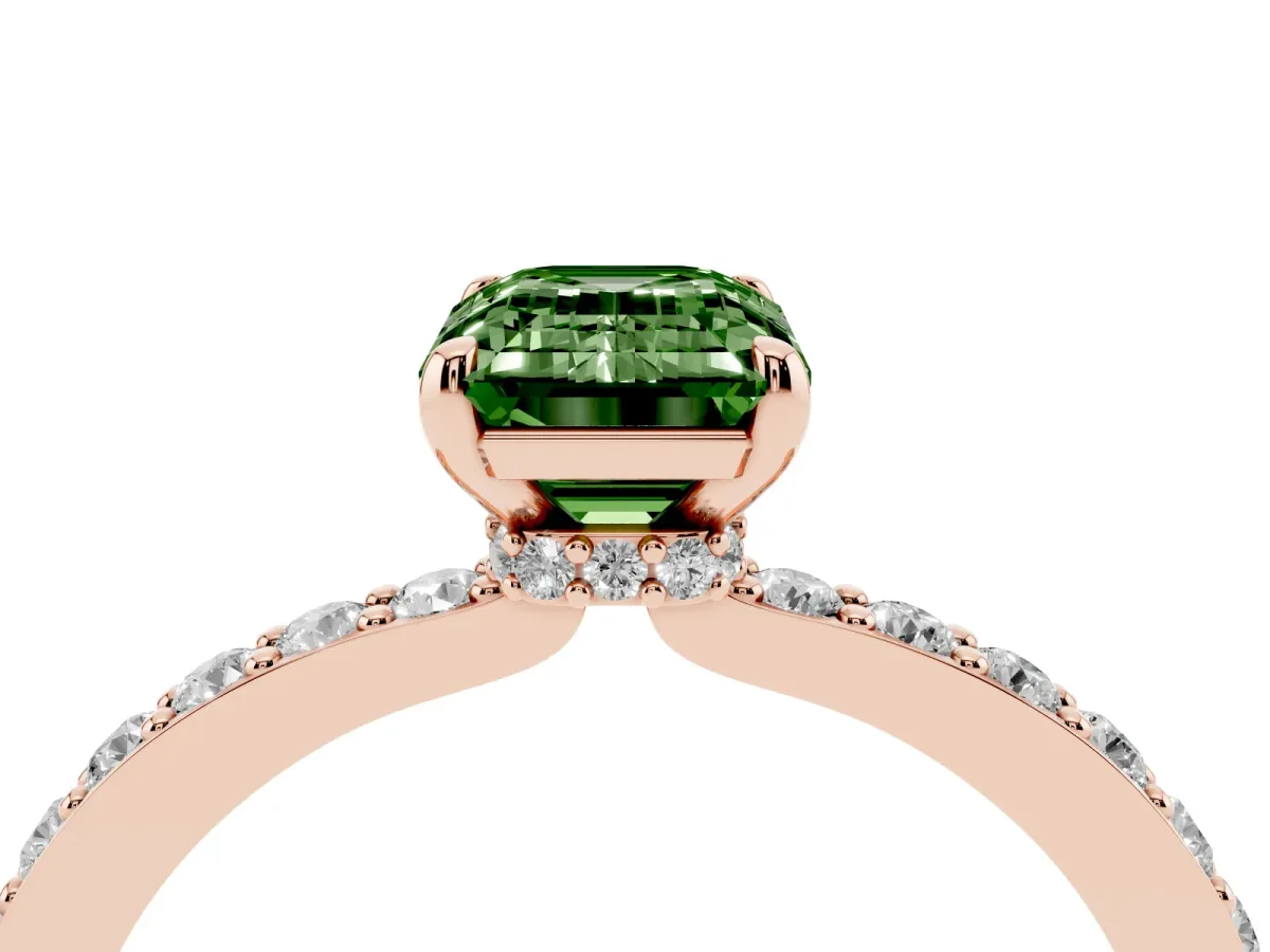 Fancy Green Emerald Cut Diamond Pavé Engagement Ring with Round Accents and Prong Setting Rose gold