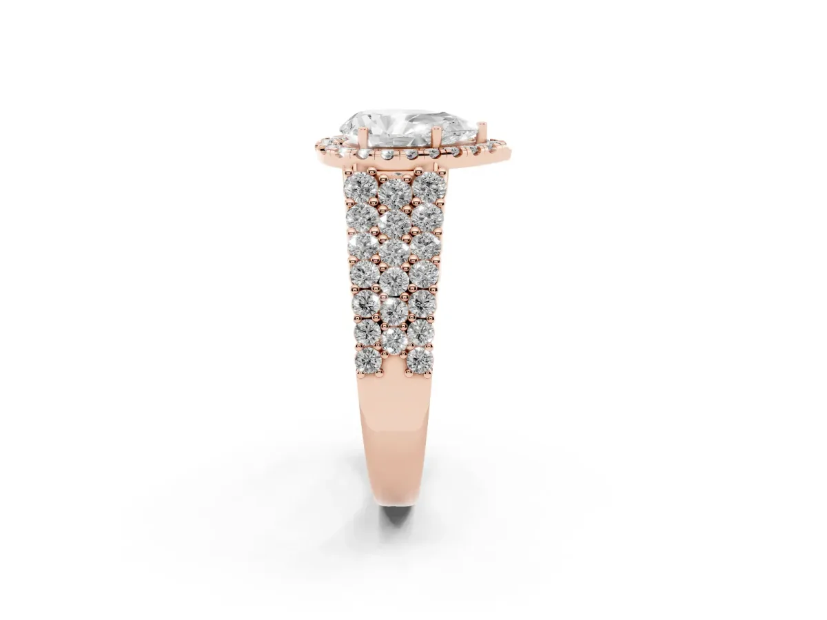 Pear Cut Diamond Halo Engagement Ring with Triple Row Round Pavé Band and Prong Setting Rose gold
