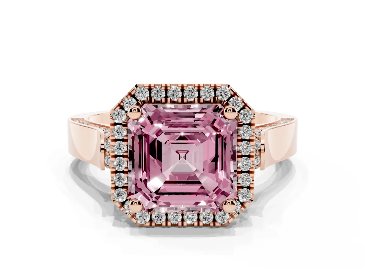 Fancy Pink Asscher Cut Halo Pave Split Shank Prong Setting Ring Rose gold