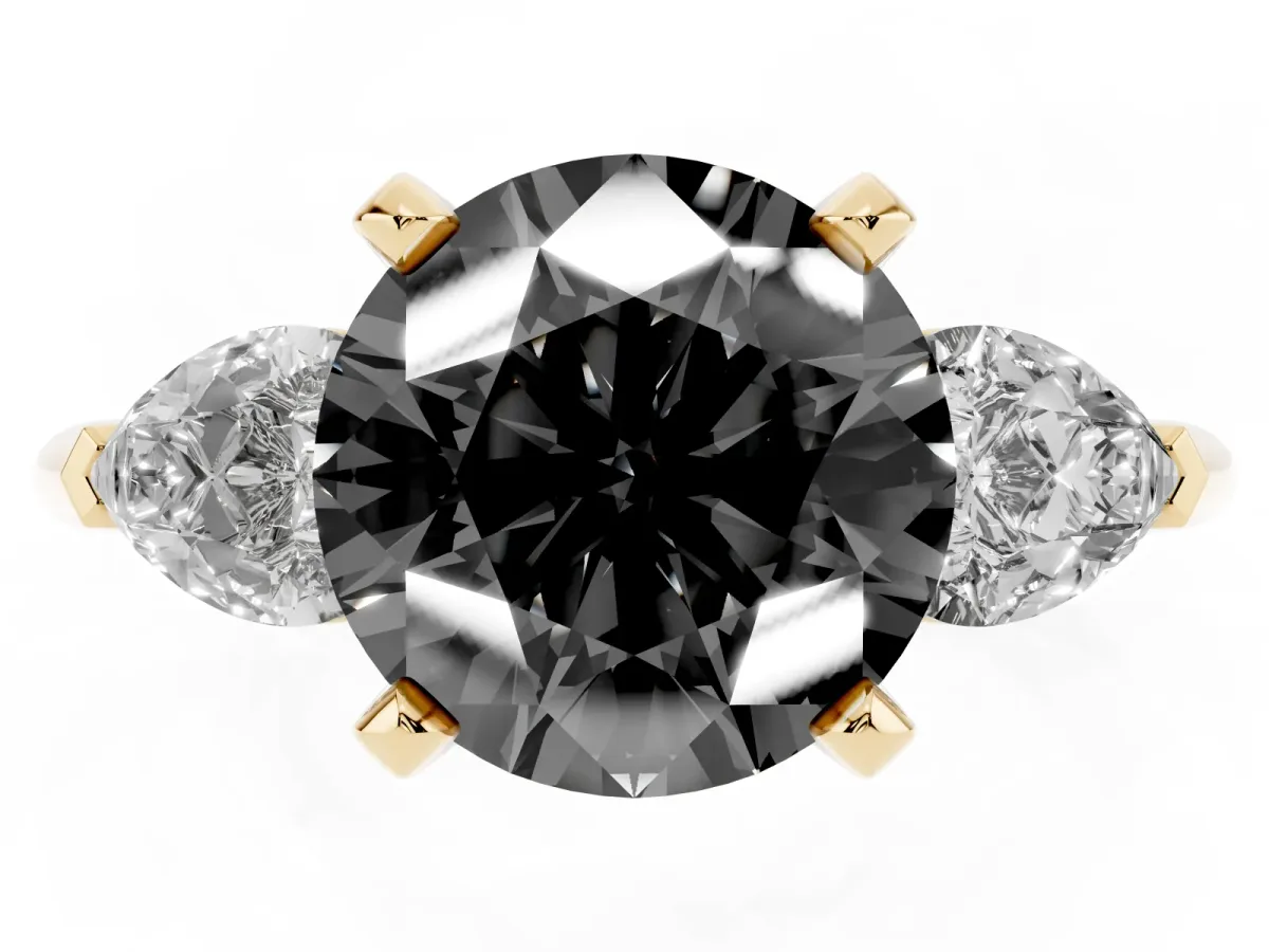 Fancy Black Three-Stone Round Cut Diamond Ring with Pear Side Stones and Four-Prong Setting Yellow gold