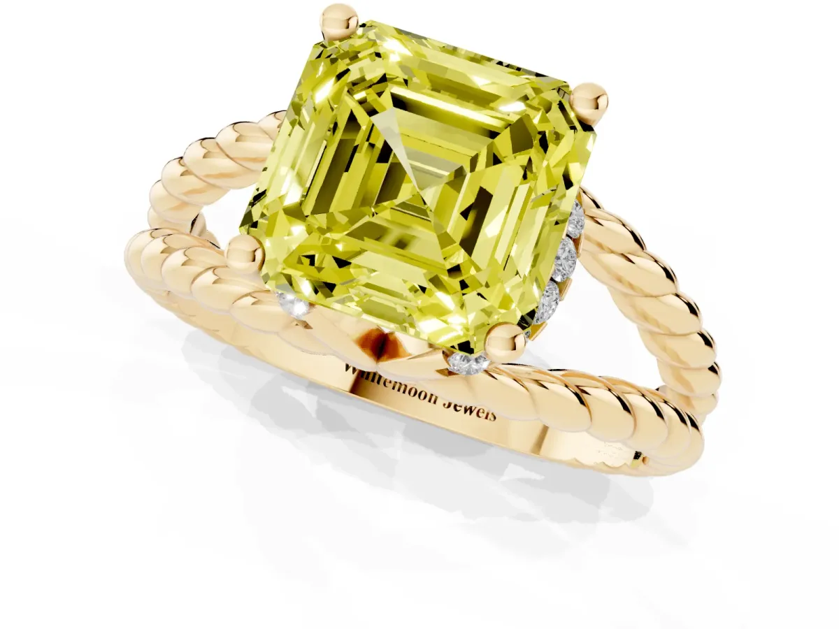 Fancy Yellow Asscher Cut Halo Twisted Band Four-Prong Ring Yellow gold
