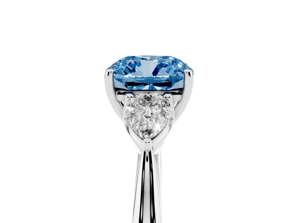Fancy Blue Cushion Cut Diamond Three-Stone Ring with Pear Side Stones and Prong Setting Silver