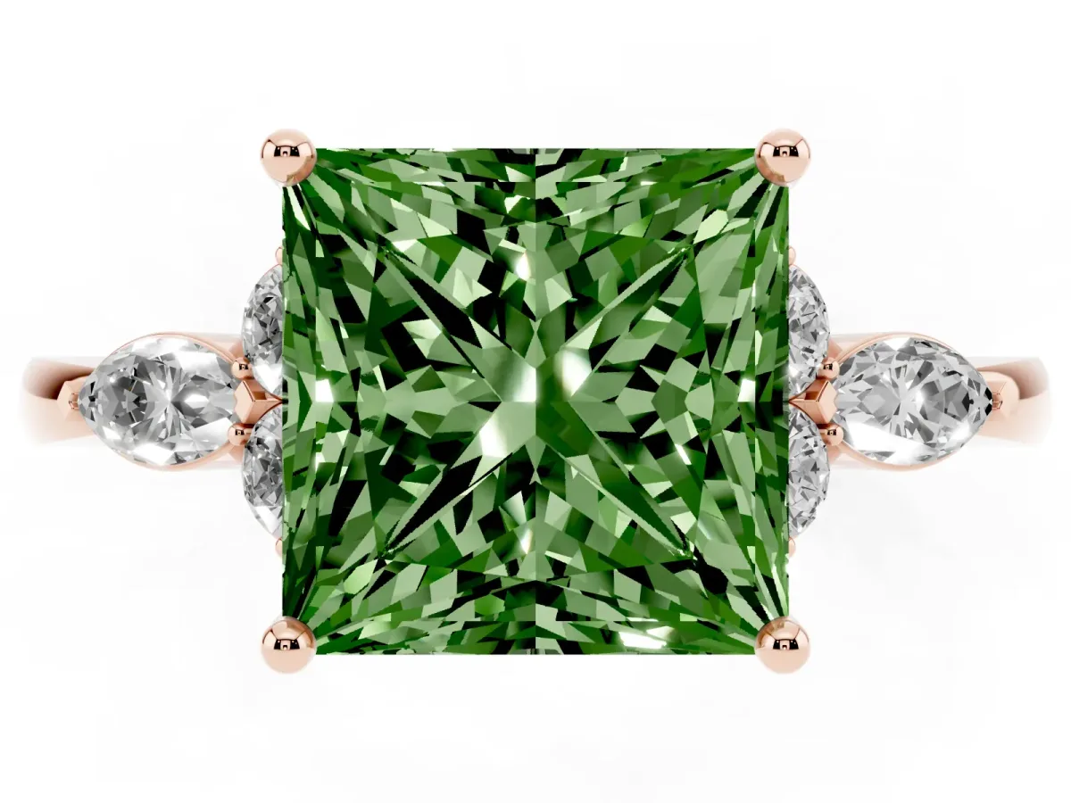 Fancy Green Princess Cut Brilliant Diamond Solitaire Ring with Pear Side Stones and Four-Prong Setting Rose gold