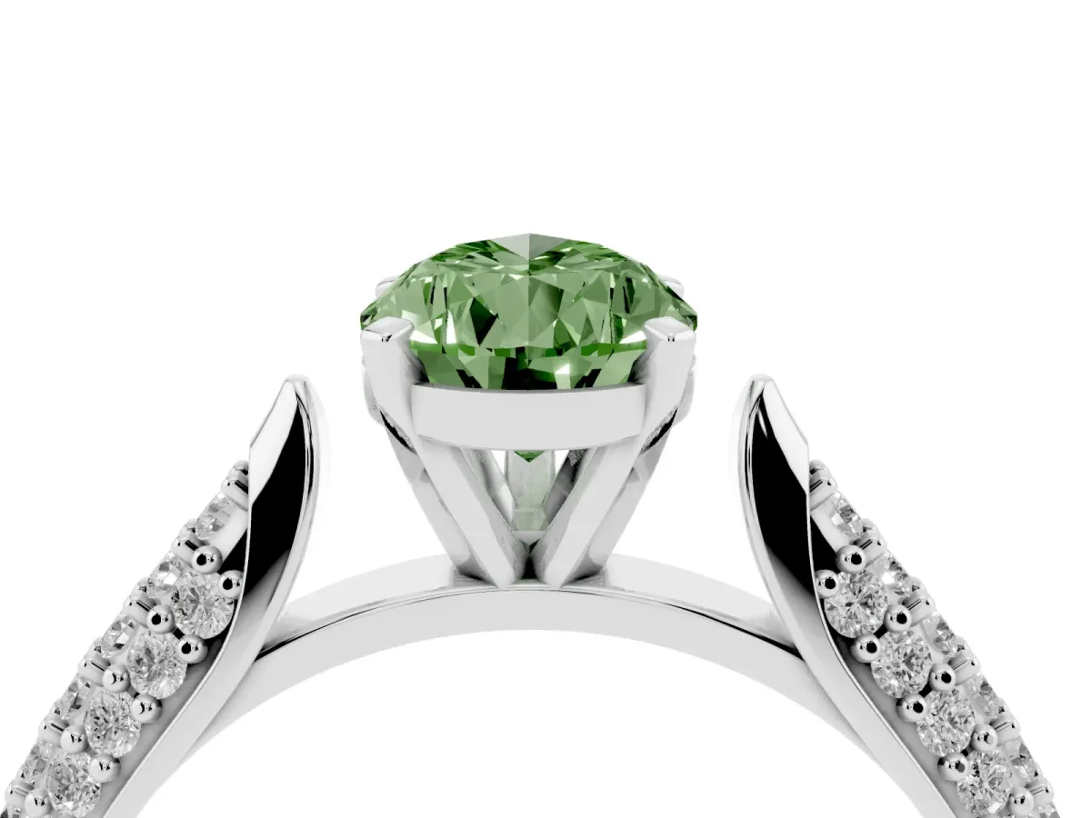 Fancy Green Pear Cut Diamond Solitaire Engagement Ring with Multi-Row Round Pavé Band and Prong Setting Silver