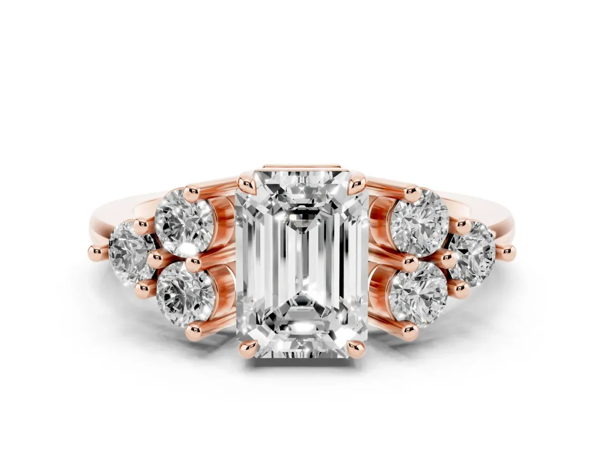 Emerald Cut Brilliant Diamond Cluster Accent Solitaire Ring with Prong Setting Rose gold