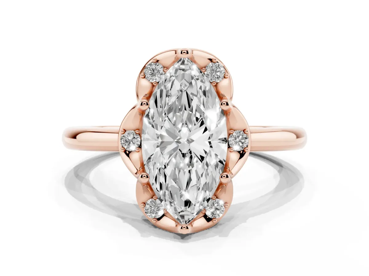 Marquise Cut Halo Diamond Ring with Round Cluster Setting, Solitaire Band, and Four-Prong Setting Rose gold