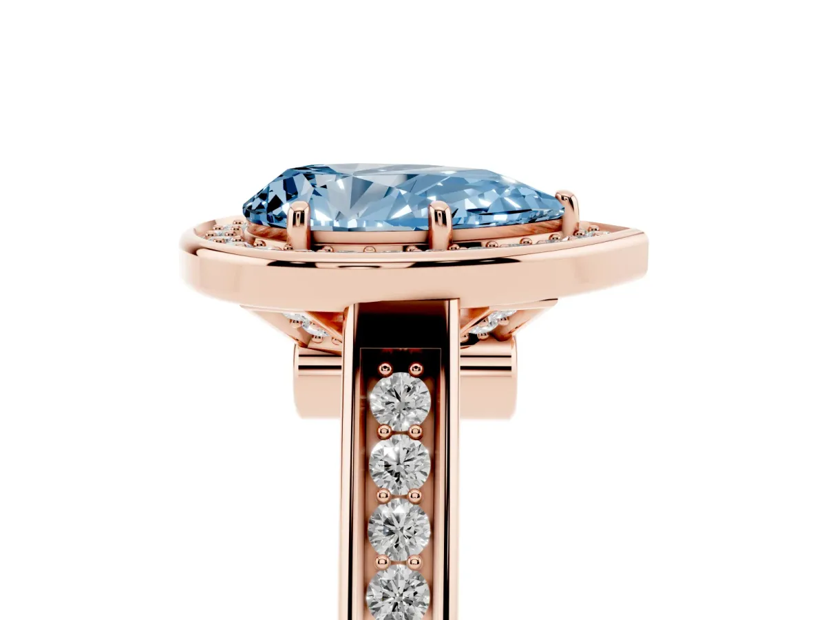 Fancy Blue Pear Cut Halo Solitaire Diamond Ring with Pave Band and Bezel Setting Rose gold