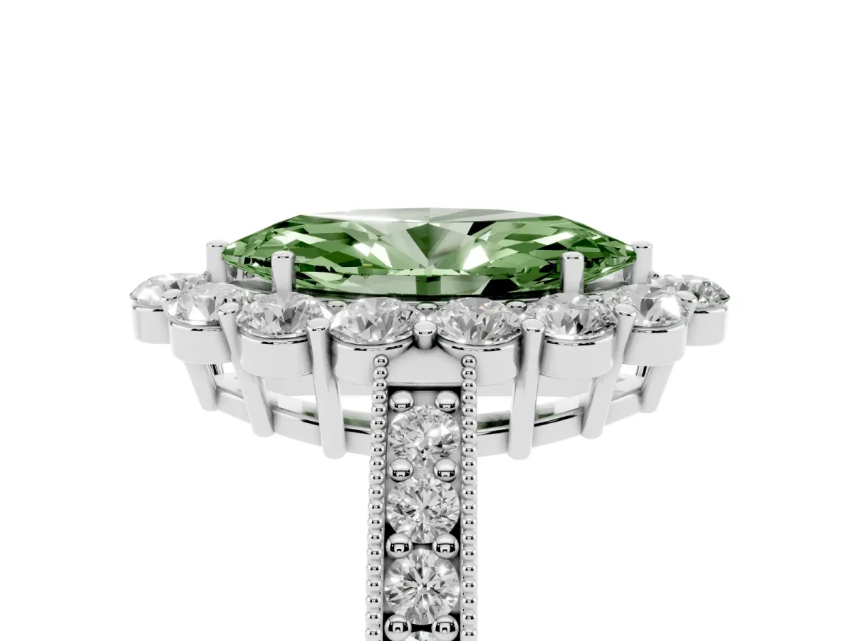 Fancy Green Marquise Cut Cut Halo Diamond Pavé Engagement Ring with Milgrain Detailing Silver
