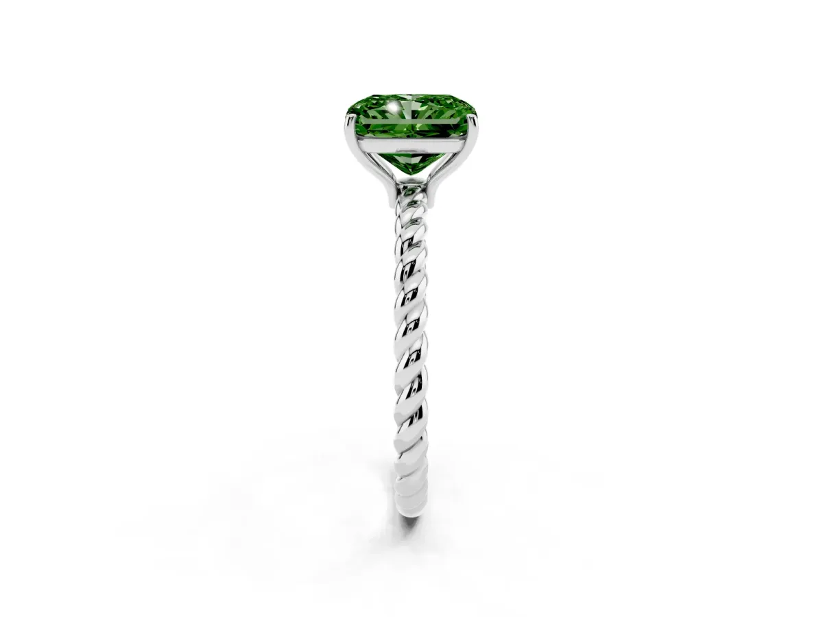 Fancy Green Radiant Cut Solitaire Twist Band Ring with Four-Prong Setting Silver