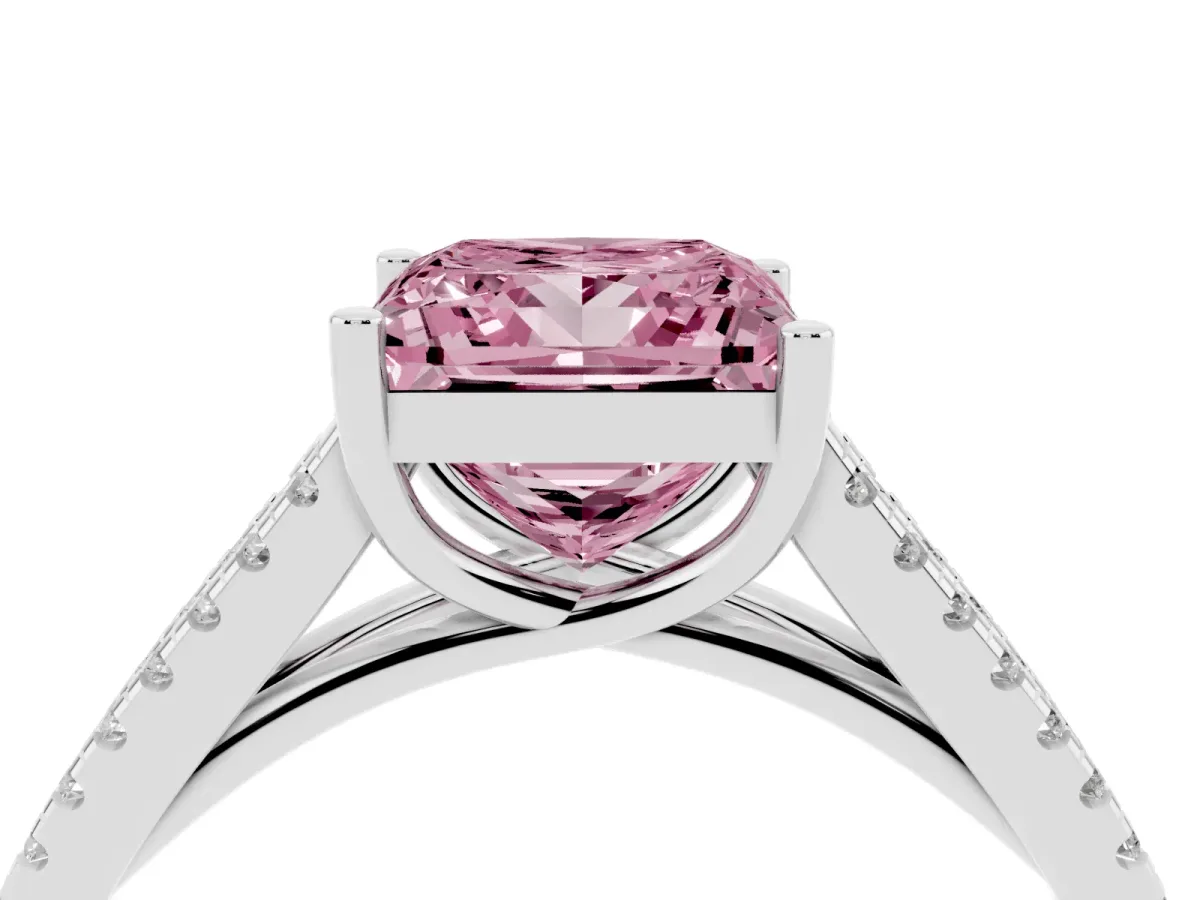 Fancy Pink Princess Cut Diamond Solitaire Engagement Ring with Split Shank Pavé Band Silver