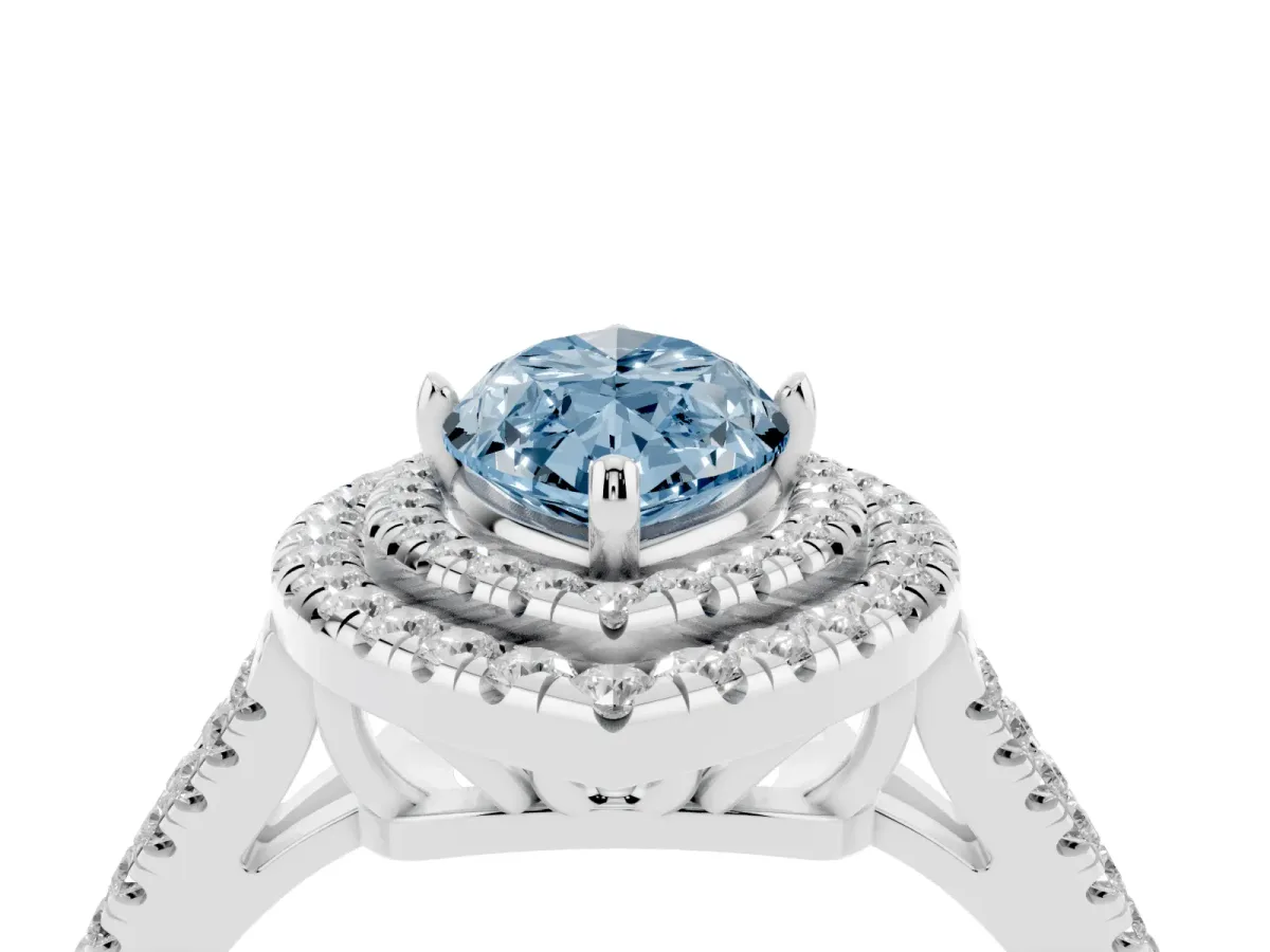 Fancy Blue Marquise Cut Diamond Double Halo Ring with Pavé Band and Prong Setting Silver
