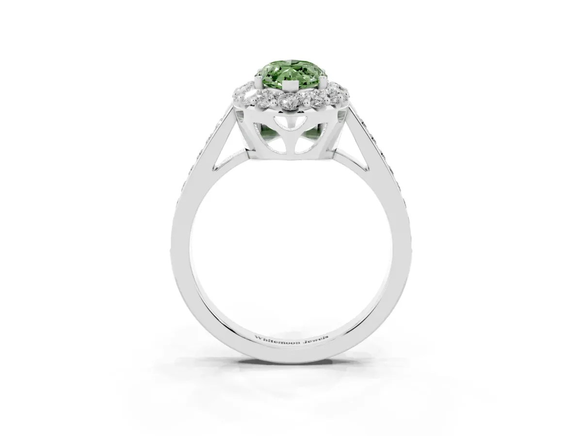 Fancy Green Marquise Cut Diamond Floral Halo Ring with Pavé Band and Prong Setting Platinum