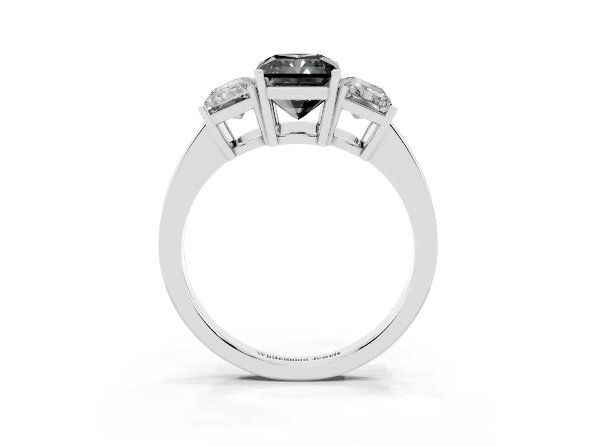 Fancy Black Three-Stone Radiant Cut Cut Diamond Engagement Ring with Flat Band and Four-Prong Setting Silver
