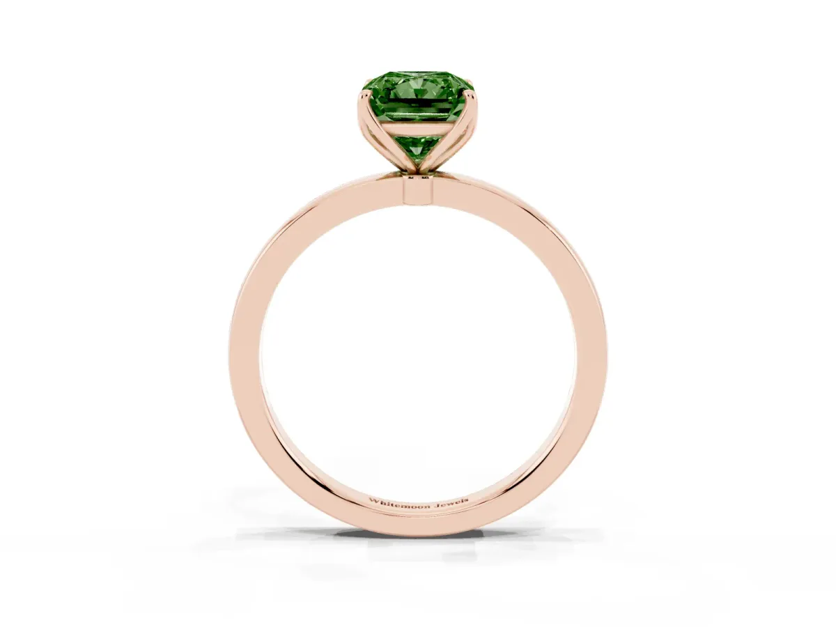 Fancy Green Radiant Cut Diamond Solitaire Ring with Thin Band and Prong Setting Rose gold