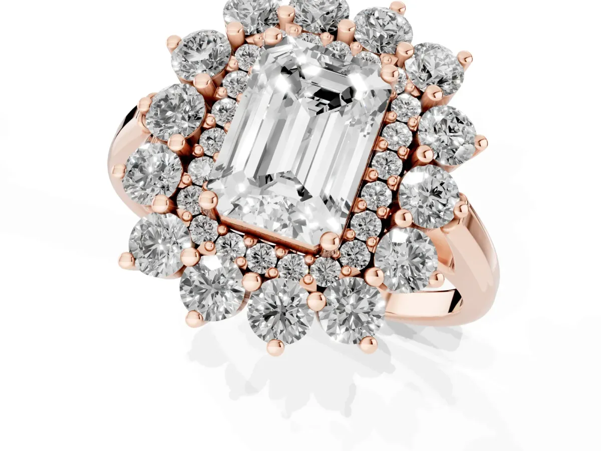 Emerald Cut Diamond Floral Double Halo Engagement Ring with Prong Setting Rose gold