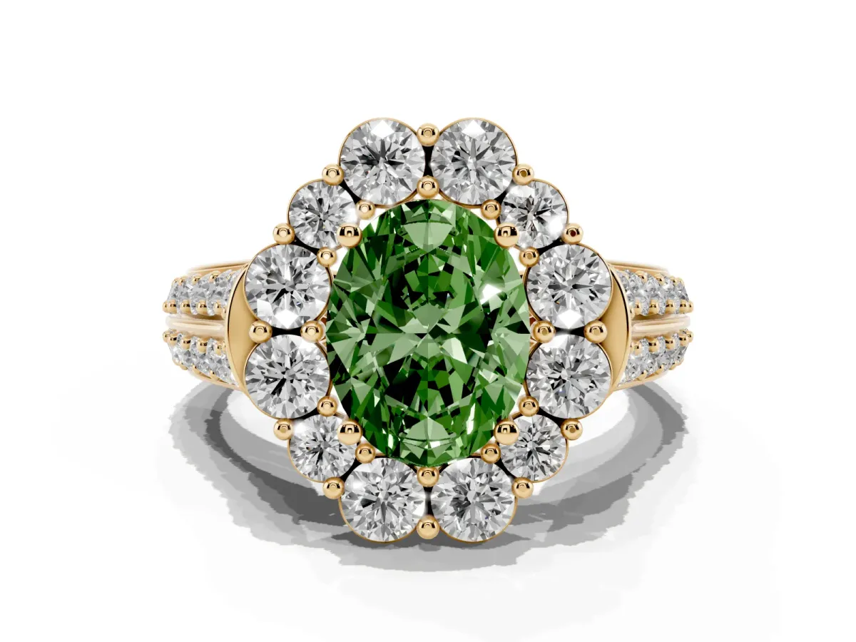Fancy Green Oval Cut Halo Diamond Engagement Ring with Split Shank and Prong Setting Yellow gold