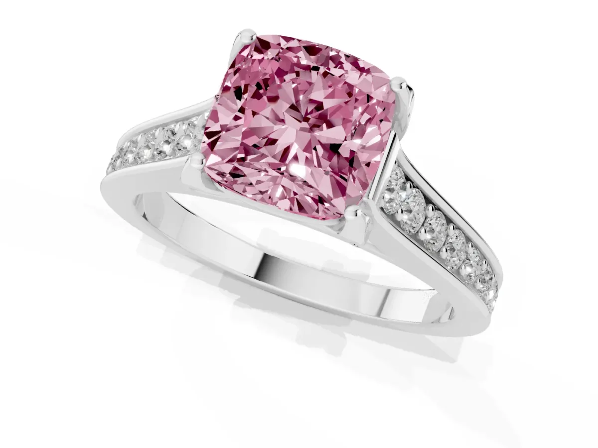 Fancy Pink Cushion Cut Brilliant Cut Diamond Engagement Ring with Pavé Band and Four-Prong Setting Platinum