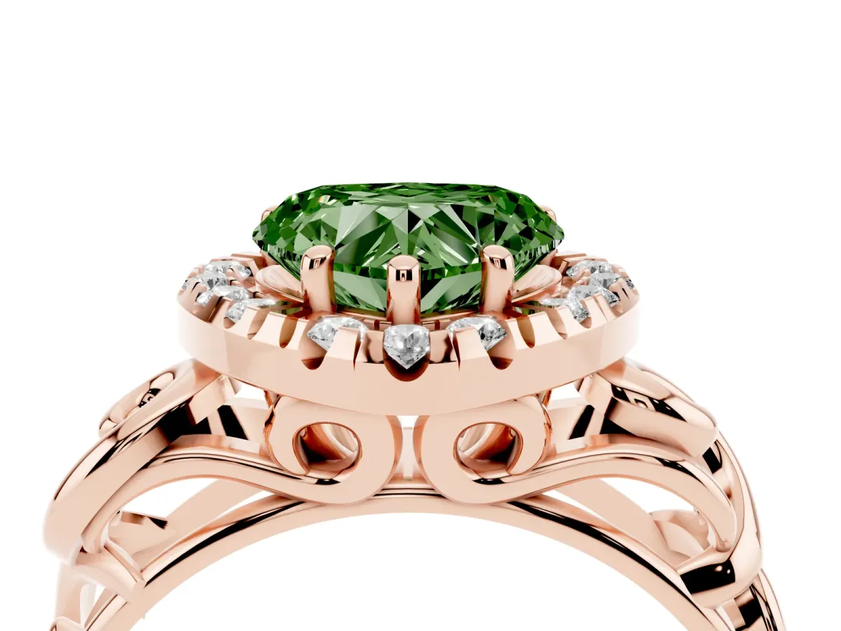 Fancy Green Heart Cut Cut Halo Diamond Ring with Scrollwork Band and Four-Prong Setting Rose gold