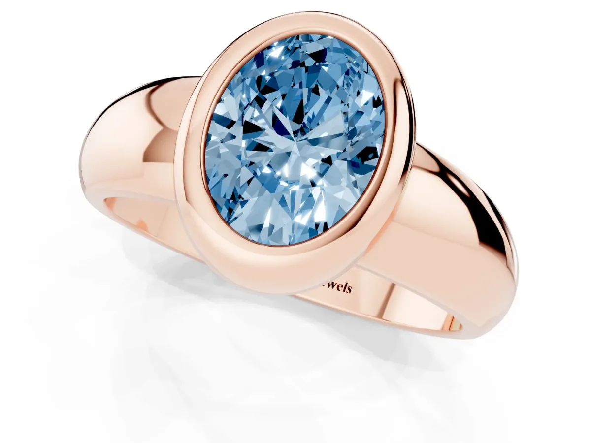 Fancy Blue Bezel Set Oval Cut Solitaire Ring with Wide Band Rose gold