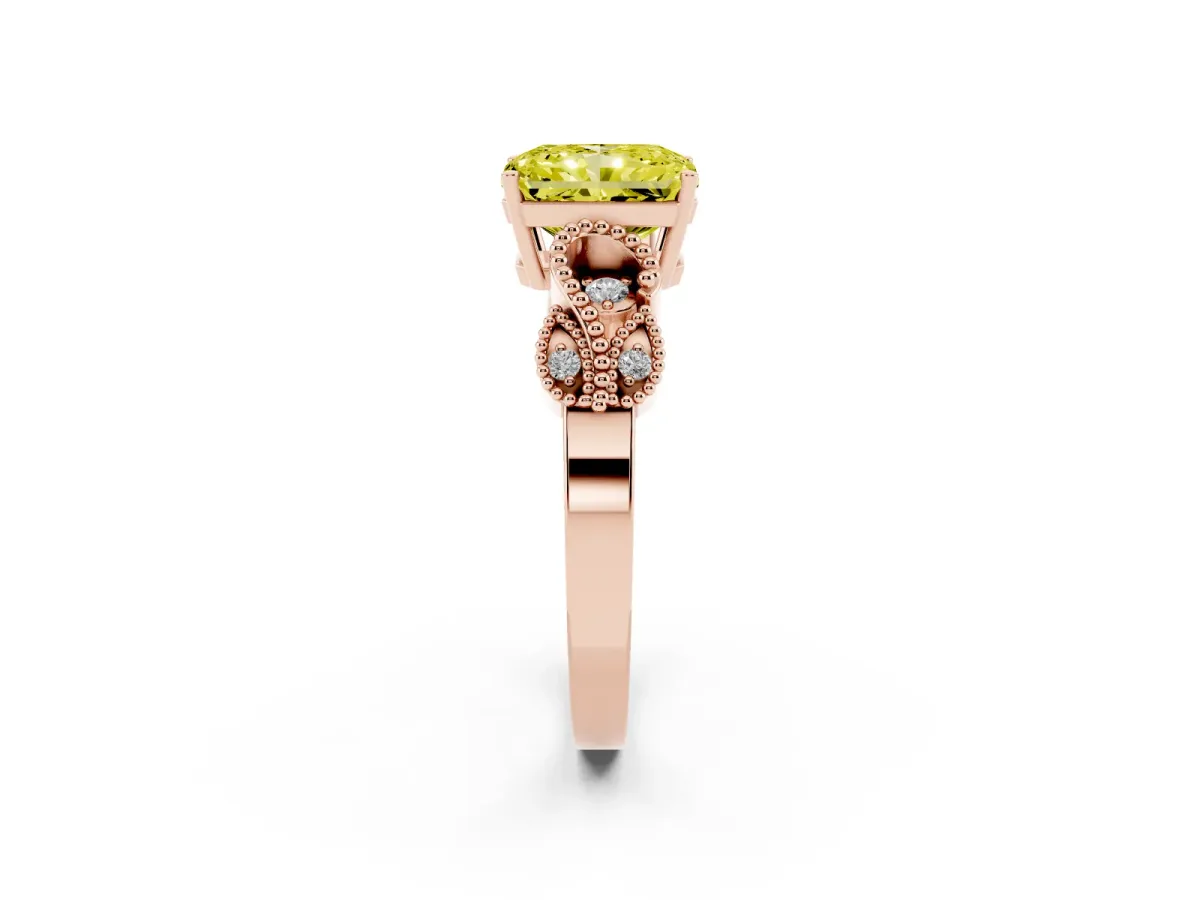Fancy Yellow Radiant Cut Solitaire Milgrain Leaf Band with Prong Setting Rose gold