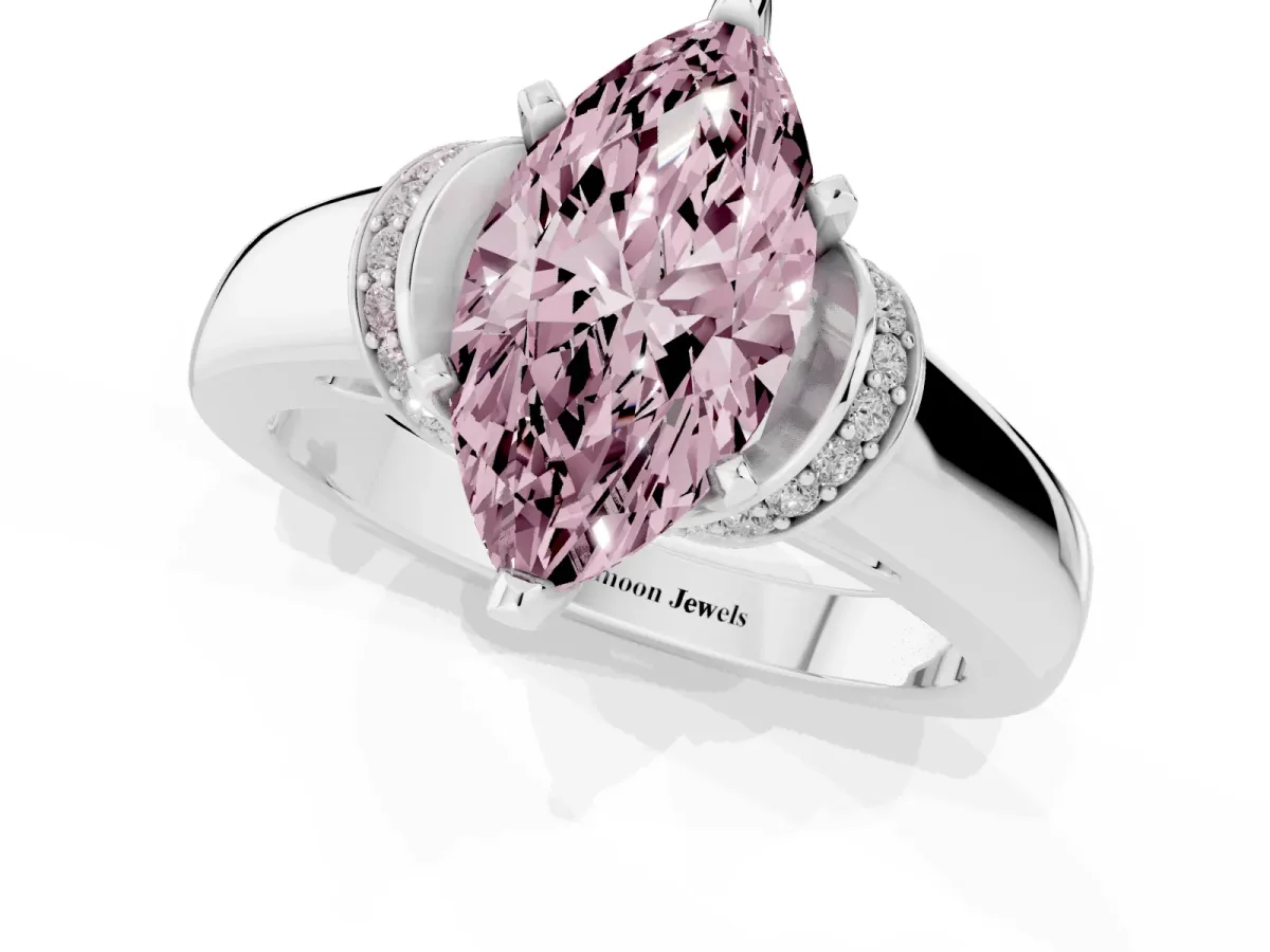 Fancy Pink Marquise Cut Solitaire Diamond Ring with Pave Band and Six-Prong Setting Platinum