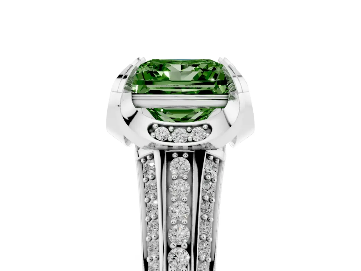 Fancy Green Princess Cut Solitaire Pave Split Shank Ring with Four-Prong Setting Silver