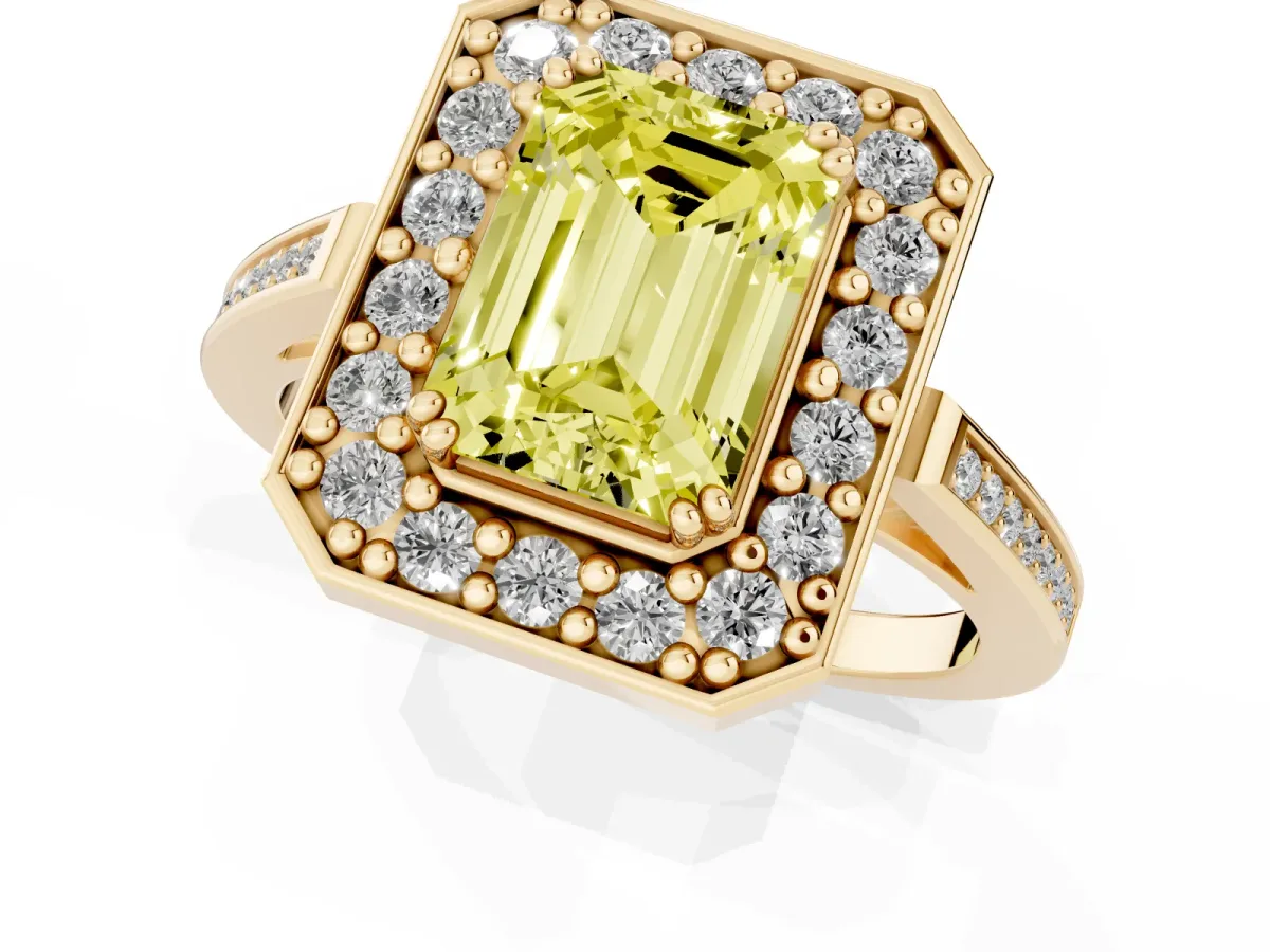 Fancy Yellow Emerald Cut Diamond Halo Ring with Split Shank and Four-Prong Setting Yellow gold