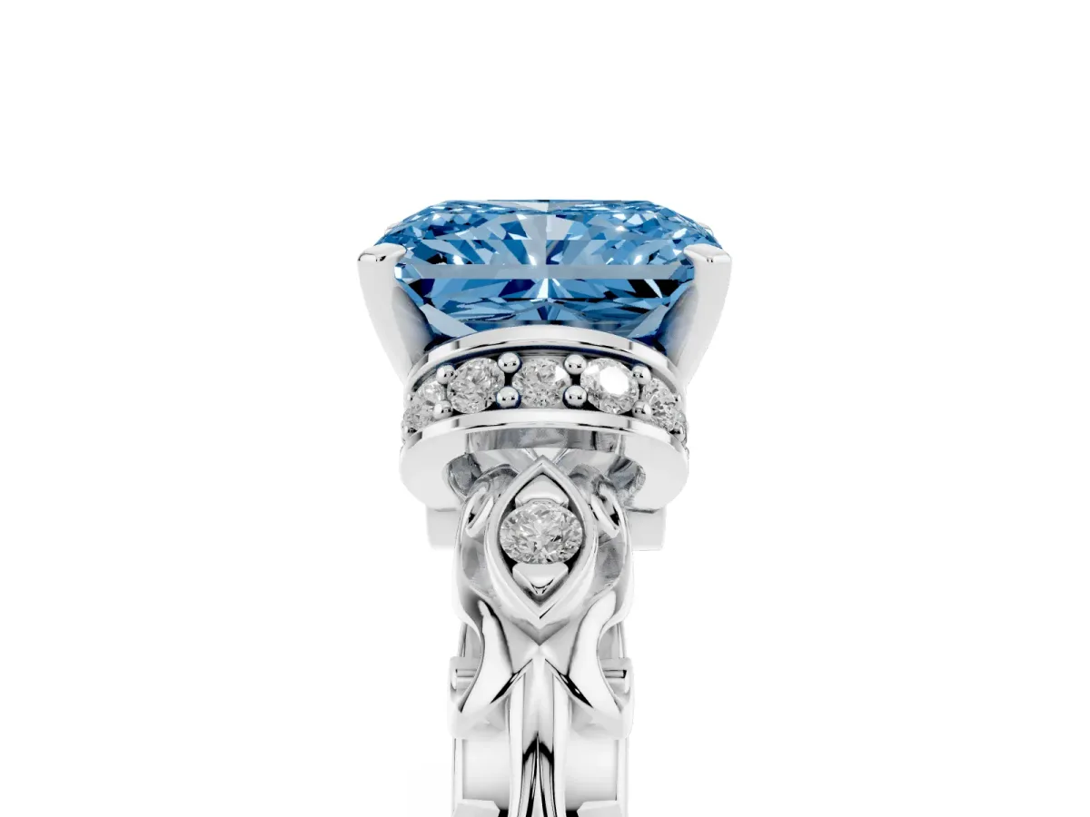 Fancy Blue Radiant Cut Diamond Solitaire Ring with Filigree Band and Four-Prong Setting Silver