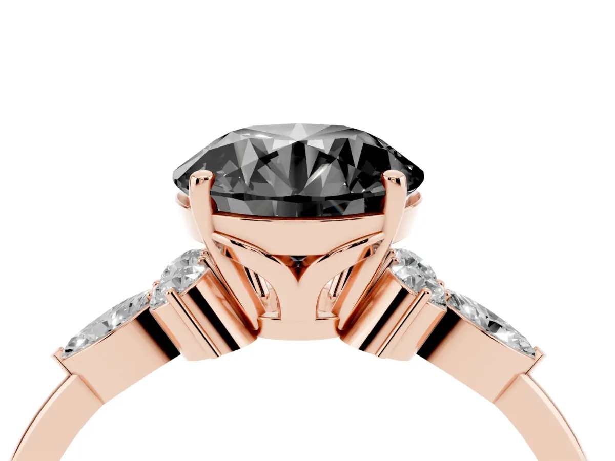 Fancy Black Round Cut Brilliant Diamond Solitaire Ring with Pear Side Stones and Four-Prong Setting Rose gold