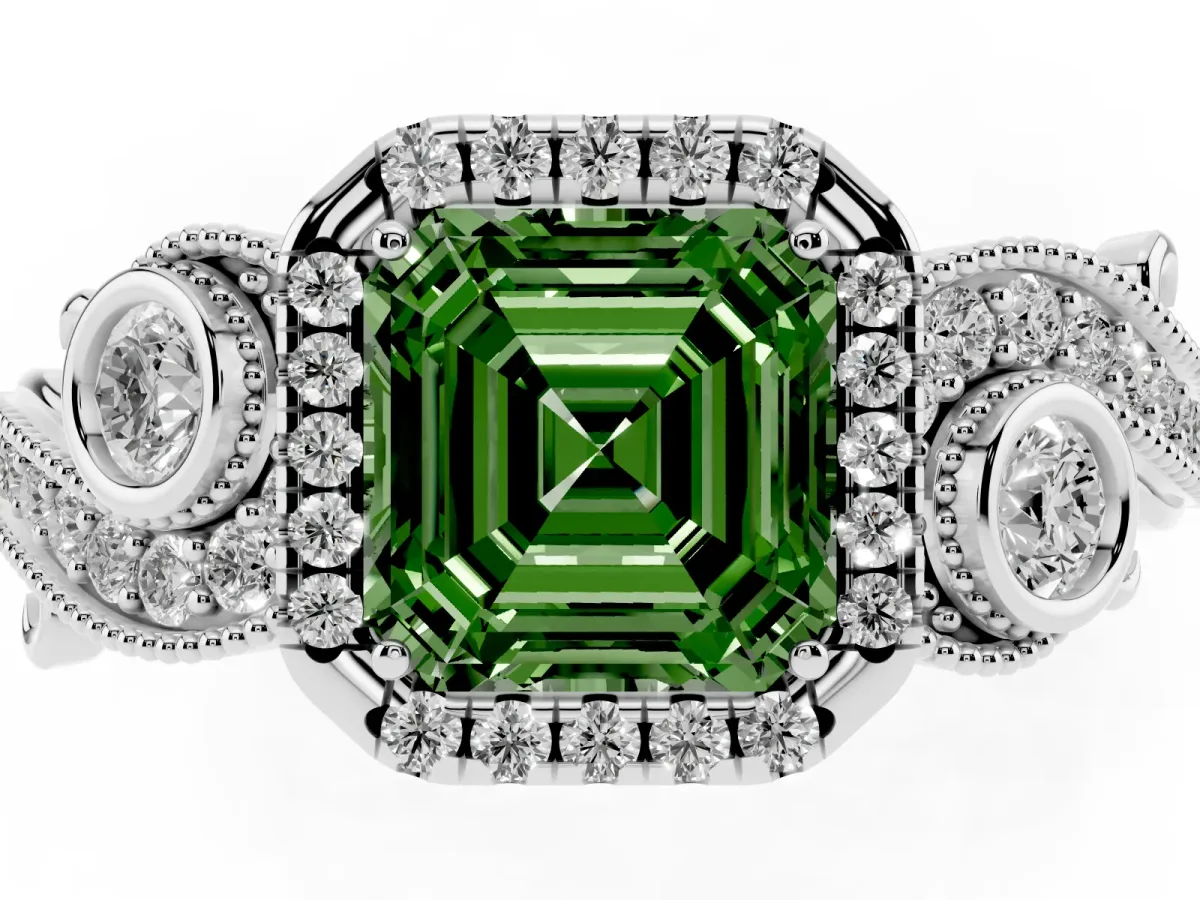 Fancy Green Asscher Cut Diamond Halo Ring with Milgrain Pavé Band and Four-Prong Setting White gold