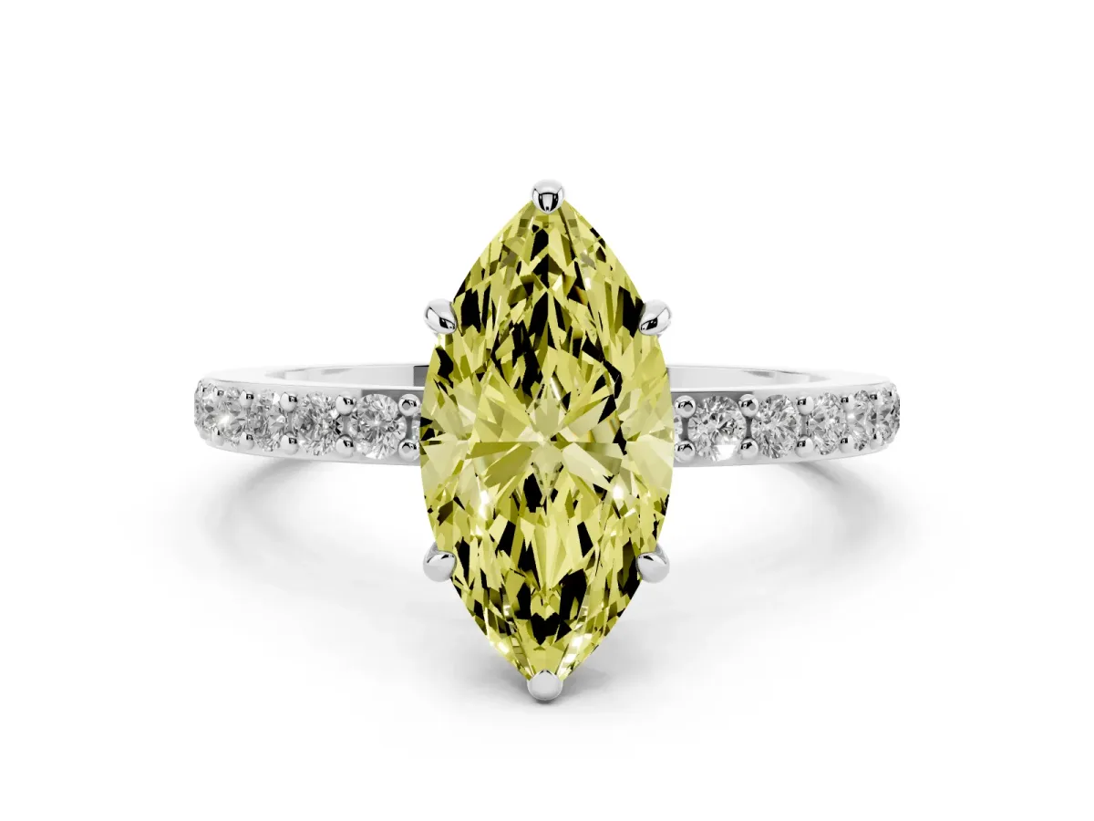 Fancy Yellow Marquise Cut Diamond Pavé Engagement Ring with Round Accents and Prong Setting Silver