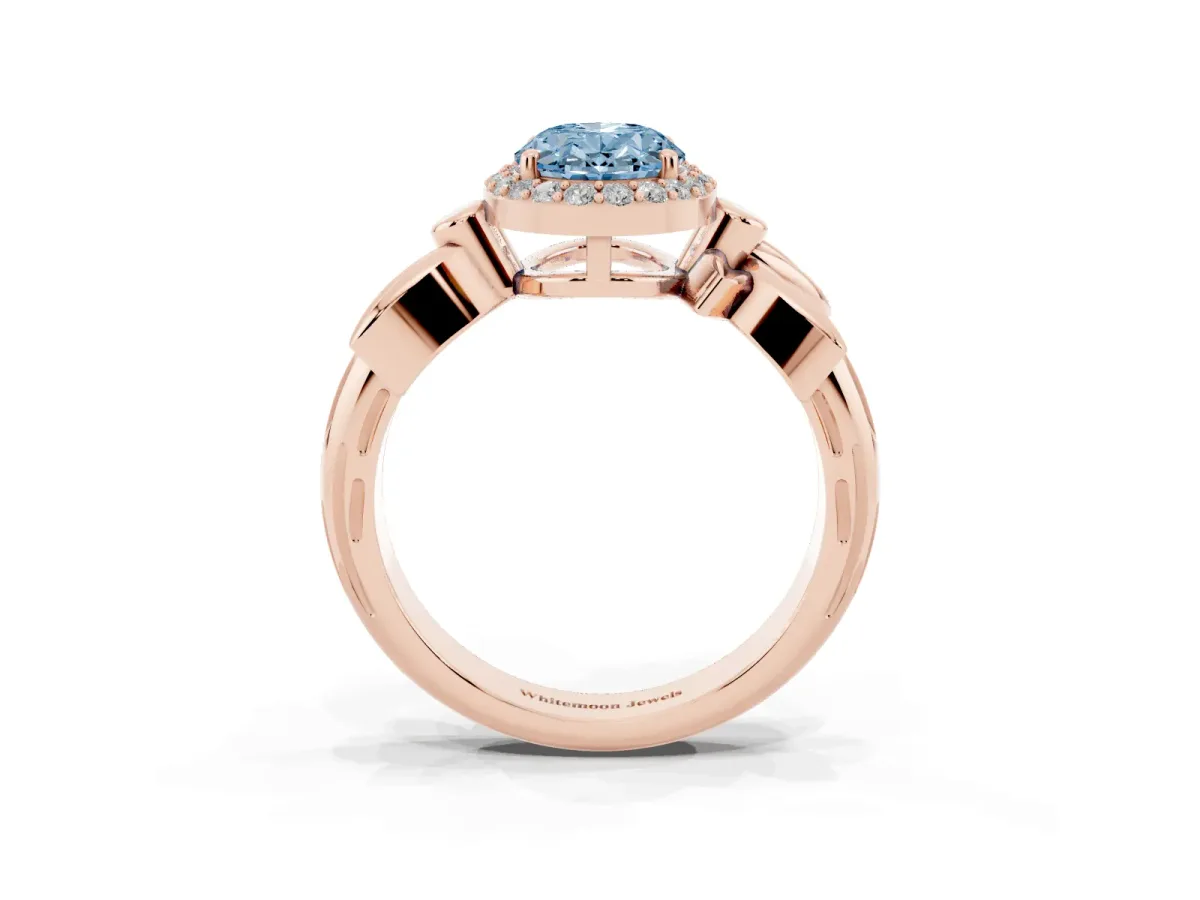 Fancy Blue Oval Cut Halo Diamond Floral Band with Four-Prong Setting Rose gold