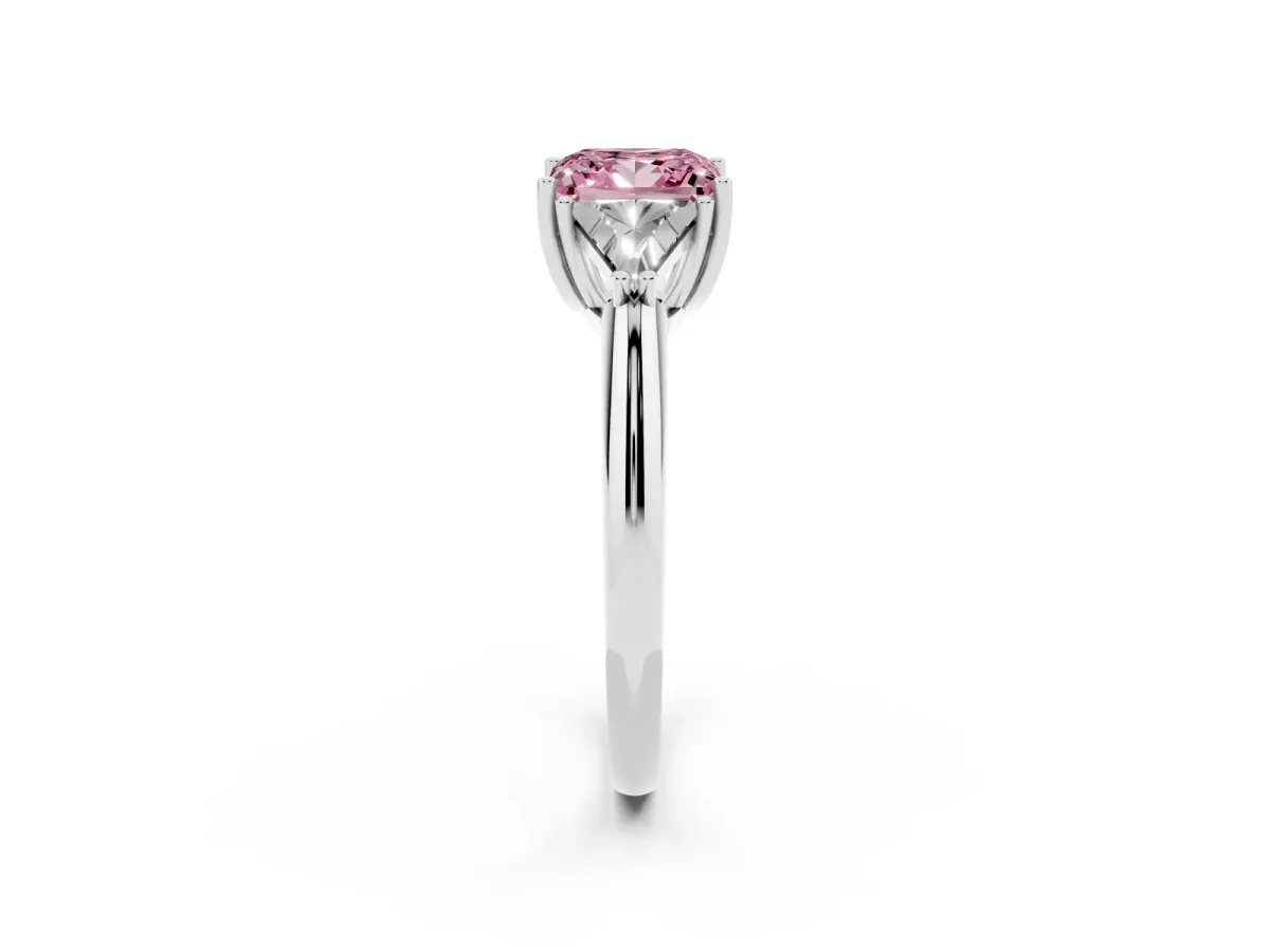 Fancy Pink Three-Stone Princess Cut Diamond Engagement Ring with Trillion Side Stones and Prong Setting White gold