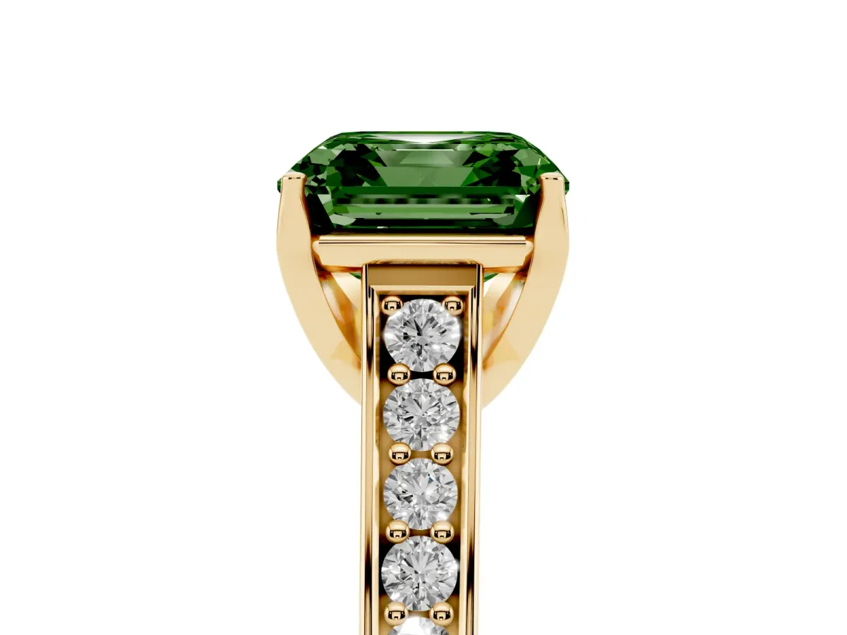 Fancy Green Asscher Cut Brilliant Cut Diamond Engagement Ring with Pavé Band and Four-Prong Setting Yellow gold