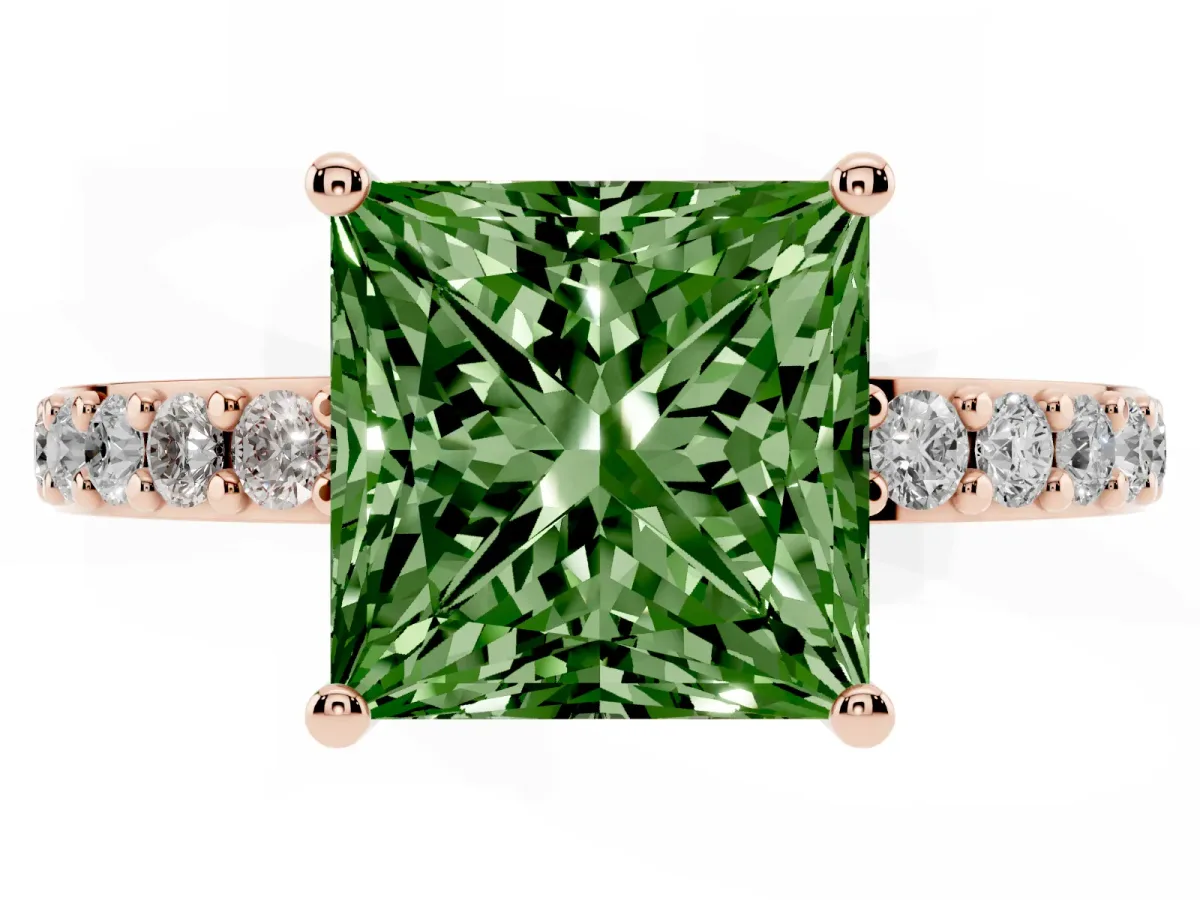 Fancy Green Princess Cut Cut Diamond Solitaire with Pave Band and Four-Prong Setting Rose gold