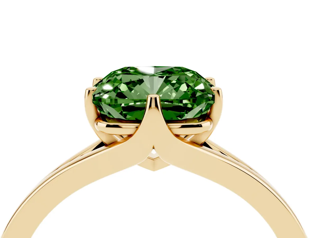 Fancy Green Cushion Cut Solitaire Diamond Ring with Six-Prong Setting and Tapered Band Yellow gold