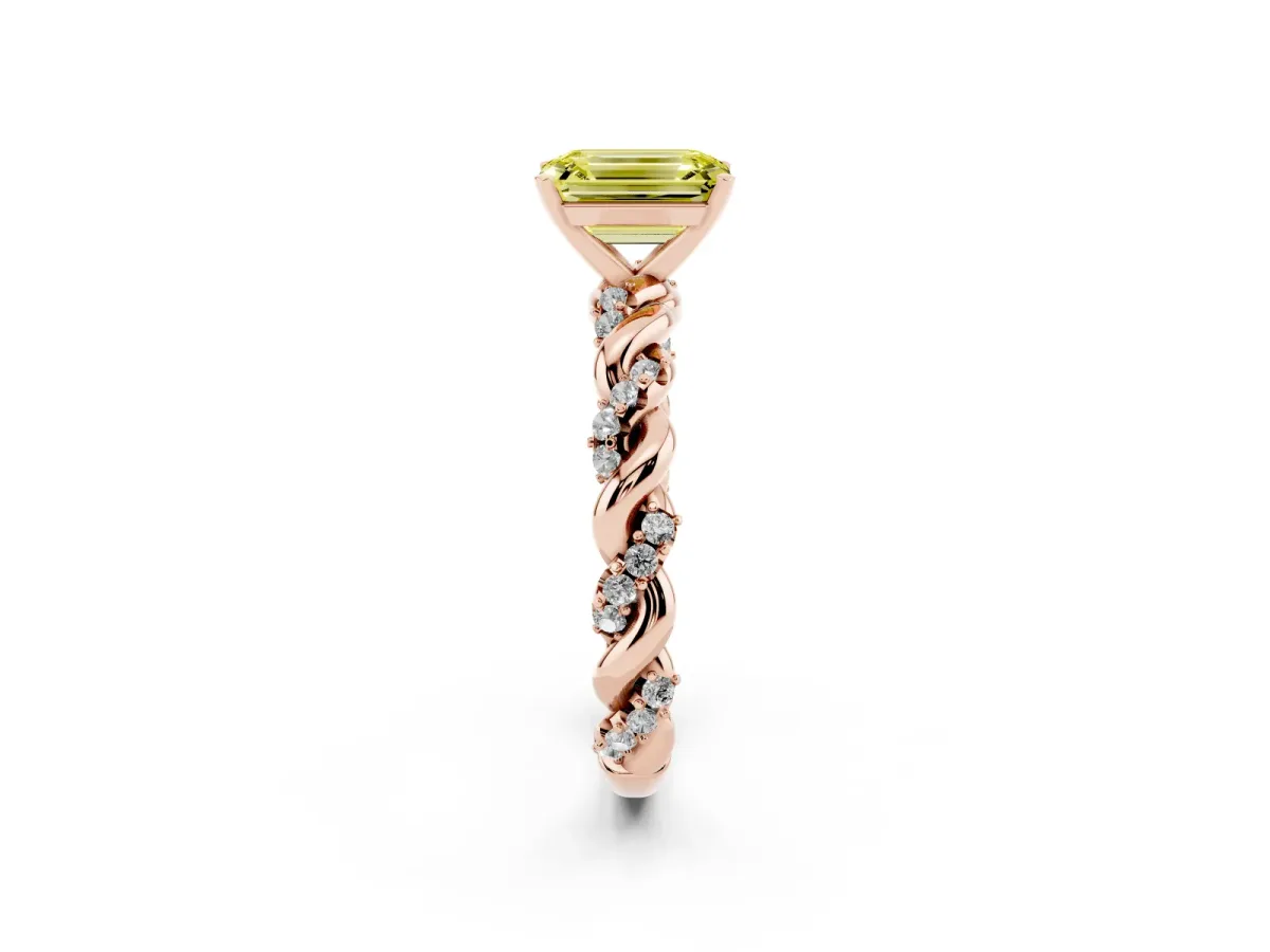Fancy Yellow Emerald Cut Diamond Solitaire Ring with Twisted Band and Pavé Accents Rose gold