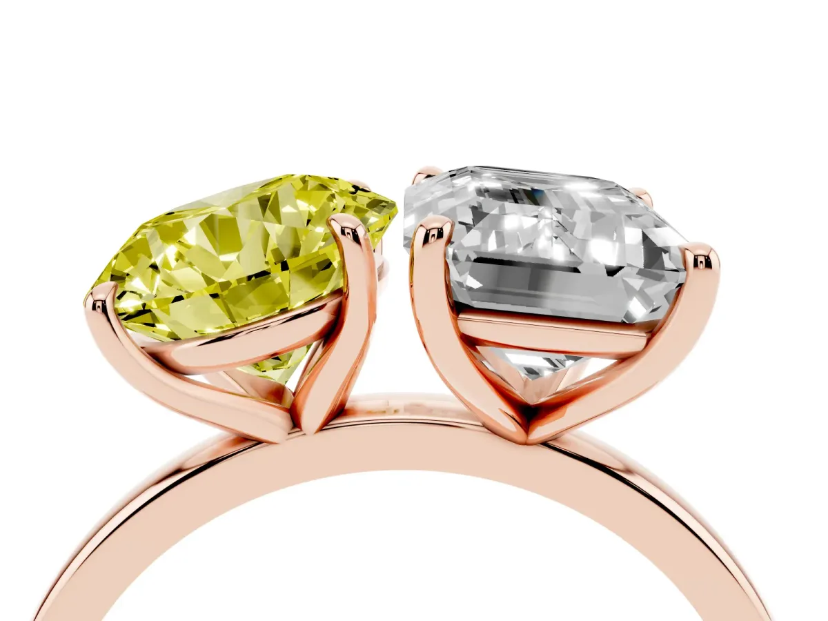Fancy Yellow Round Cut and Emerald Cut Toi Moi Ring with Prong Setting Rose gold