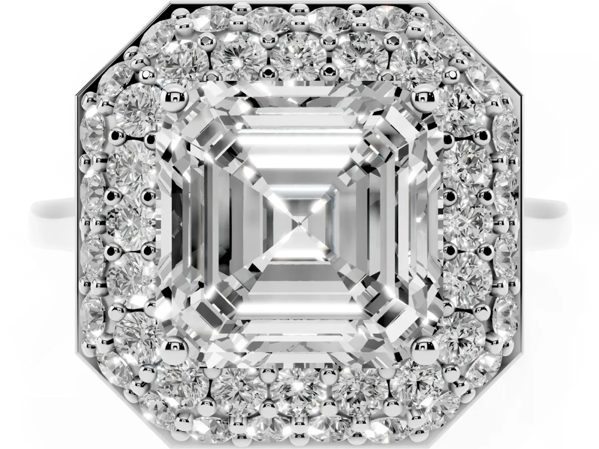 Asscher Cut Halo Diamond Engagement Ring with Solitaire Band and Four-Prong Setting Silver