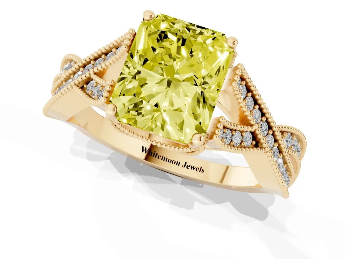 Fancy Yellow Radiant Cut Cut Diamond Twisted Band with Milgrain Pave Setting and Four-Prong Setting Yellow gold