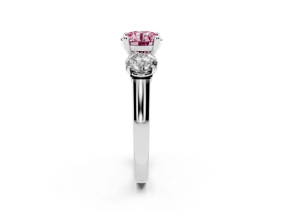 Fancy Pink Three-Stone Round Cut Brilliant Diamond Trellis Ring with Comfort Fit Band Platinum