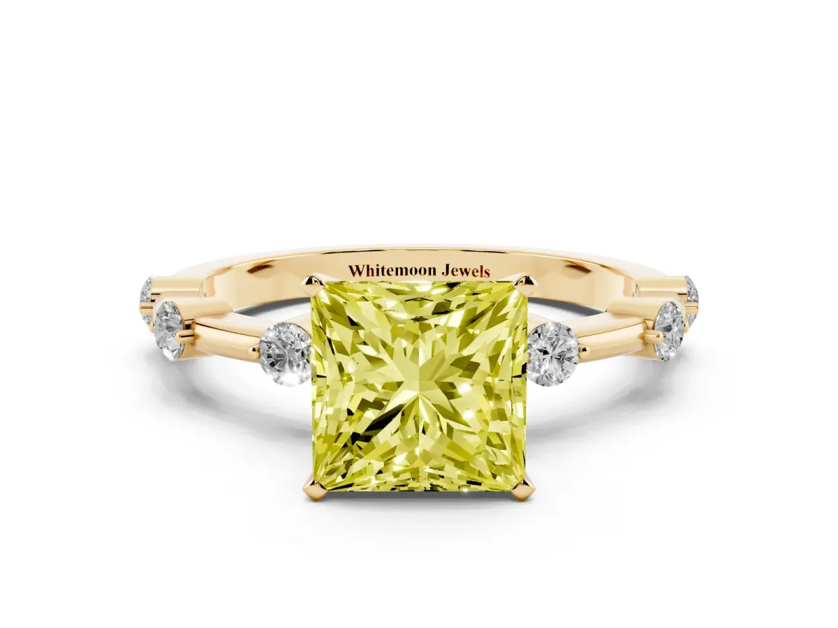 Fancy Yellow Princess Cut Solitaire Diamond Ring with Bezel Set Side Stones and Prong Setting Yellow gold