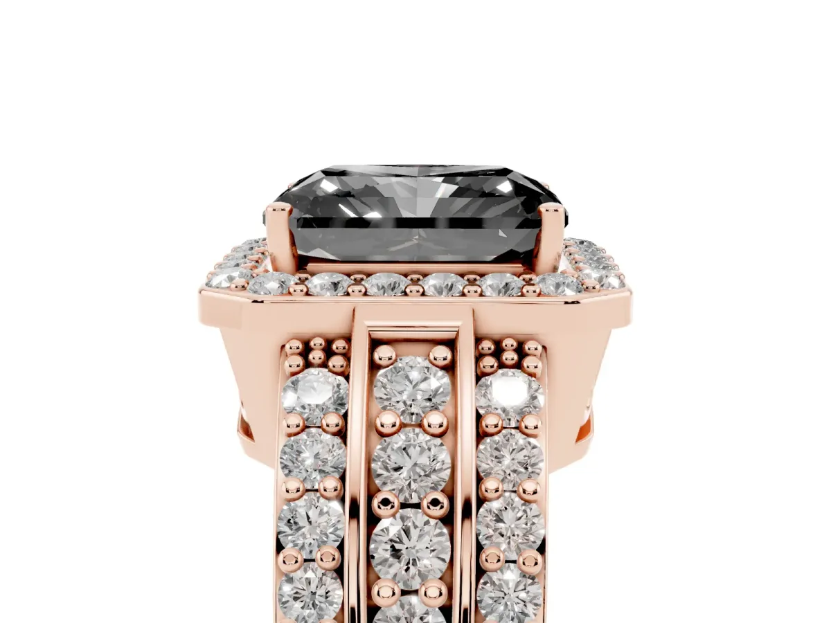 Fancy Black Radiant Cut Halo Diamond Ring with Round Split Shank and Prong Setting Rose gold