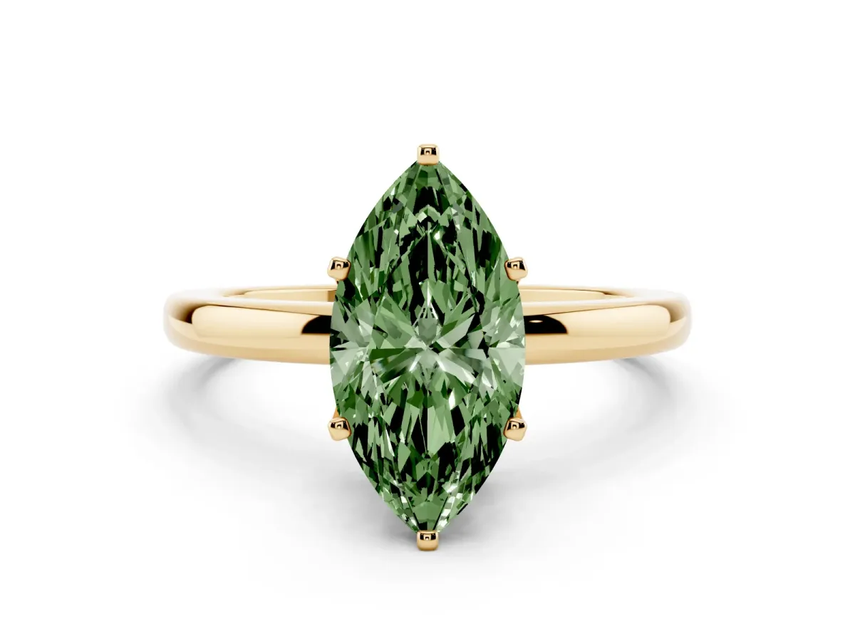Fancy Green Marquise Cut Solitaire Diamond Ring with Six-Prong Setting on a Classic Band Yellow gold