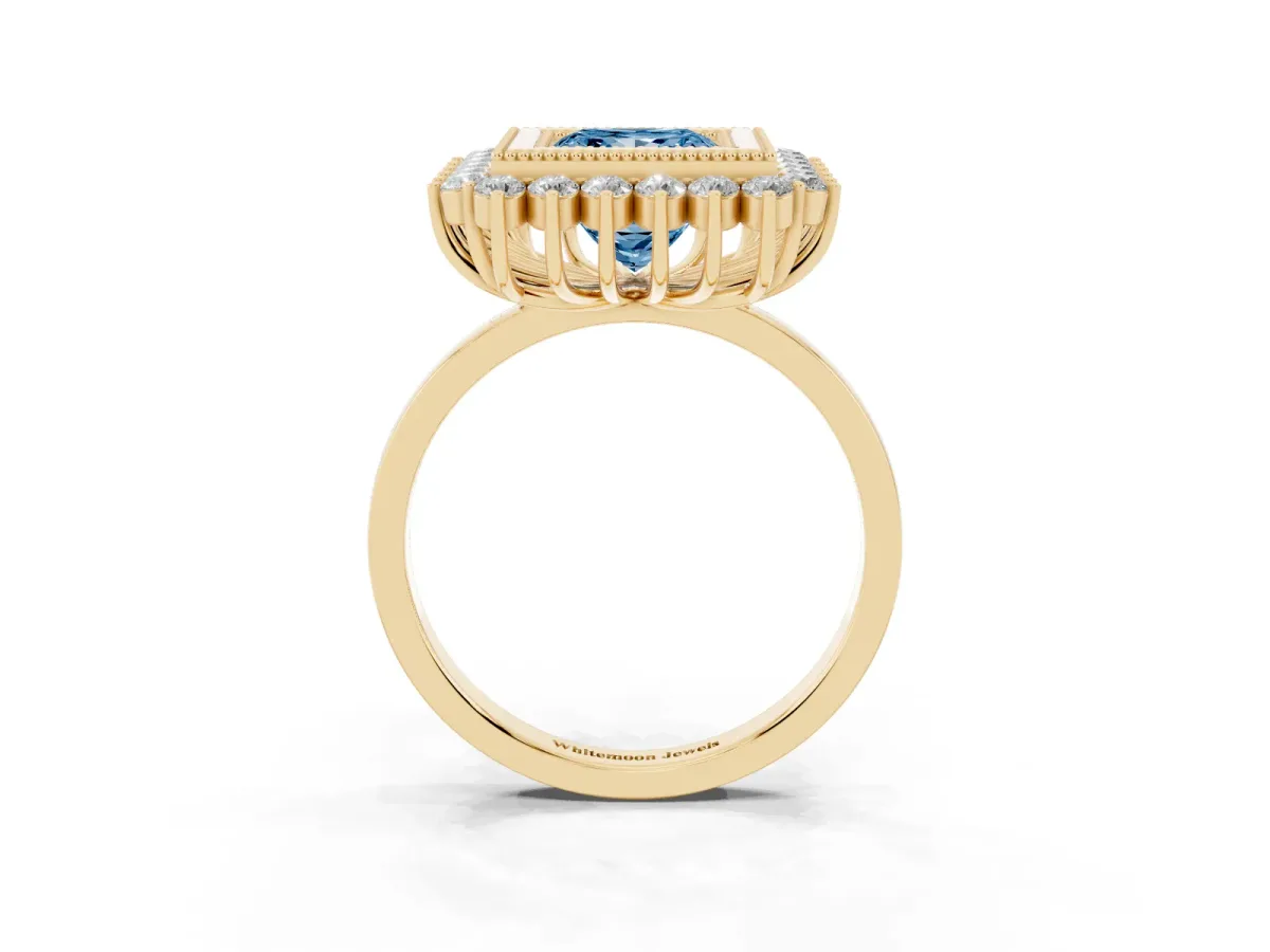 Fancy Blue Princess Cut Halo Diamond Ring with Milgrain Edge and Round Prong Setting Yellow gold