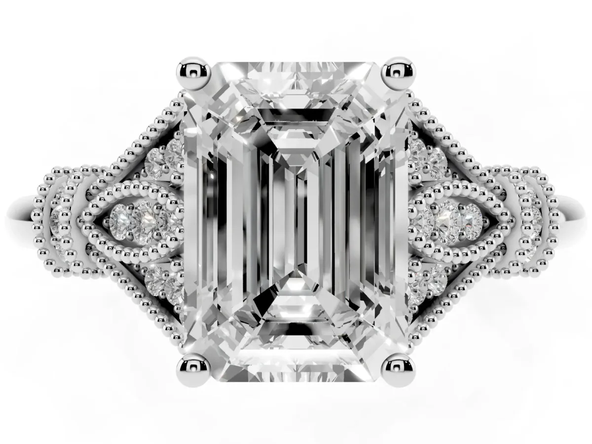 Emerald Cut Diamond Solitaire Ring with Floral Filigree and Pave Accents Silver