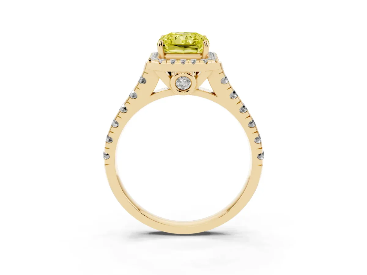 Fancy Yellow Radiant Cut Halo Pavé Diamond Engagement Ring with Four-Prong Setting Yellow gold