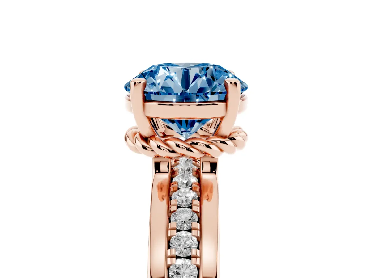 Fancy Blue Round Cut Solitaire Diamond Ring with Channel Set Band and Six-Prong Setting Rose gold