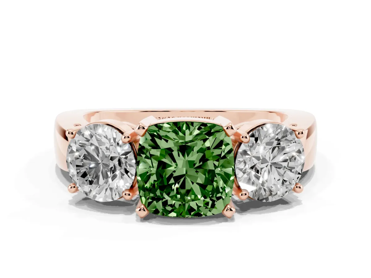 Fancy Green Three-Stone Cushion Cut Diamond Ring with Round Side Stones, Classic Band, and Four-Prong Setting Rose gold