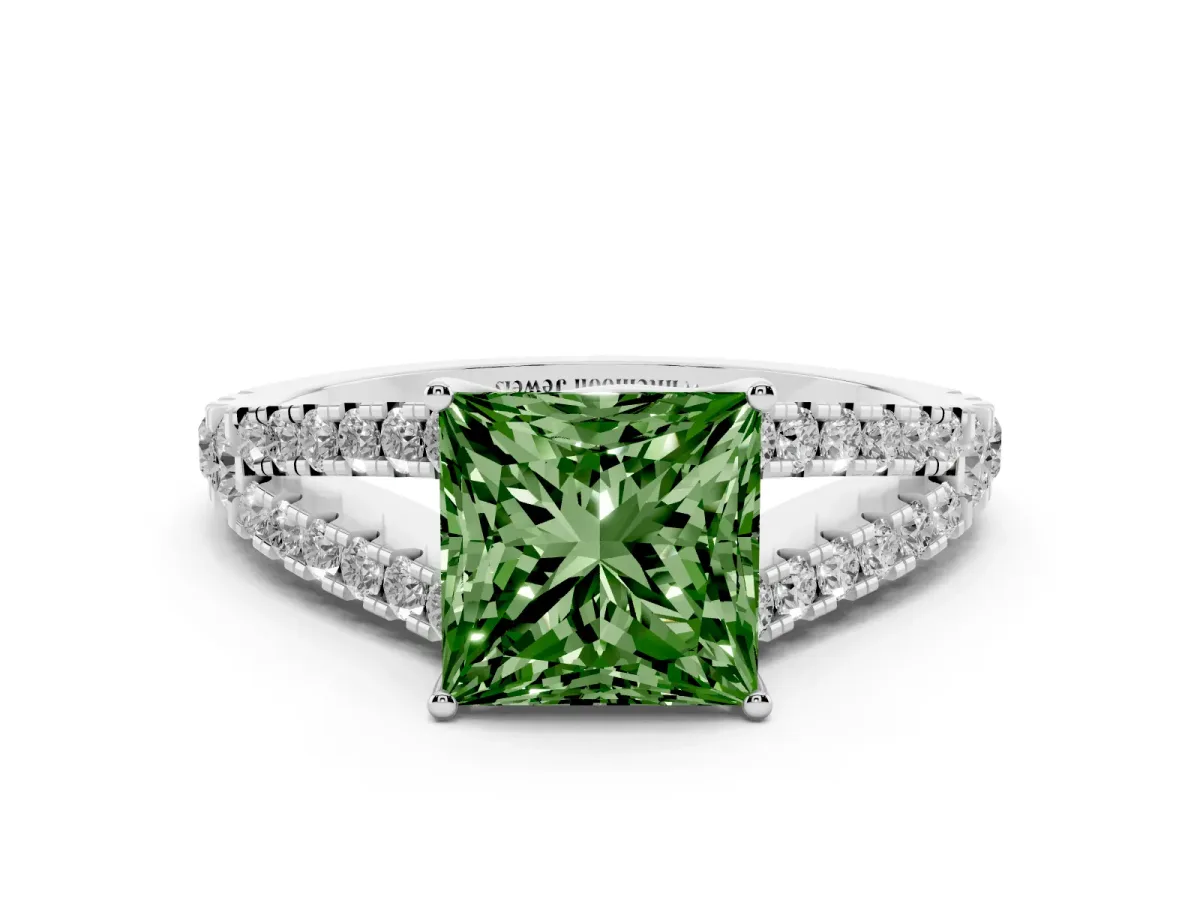Fancy Green Princess Cut Diamond Split Shank Pavé Engagement Ring with Four-Prong Setting Platinum